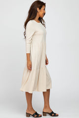 Beige Tiered Ribbed 3/4 Sleeve Midi Dress