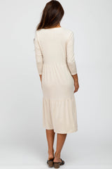 Beige Tiered Ribbed 3/4 Sleeve Midi Dress