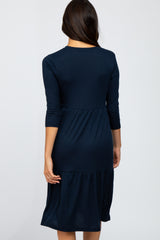 Navy Tiered Ribbed 3/4 Sleeve Midi Dress