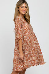 Rust Floral Tiered Smocked Split Neck Maternity Dress