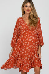 Rust Floral Asymmetrical Hem Maternity Dress