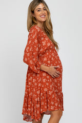 Rust Floral Asymmetrical Hem Maternity Dress