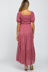 Mauve Floral Square Neck Smocked Maternity Maxi Dress