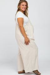 Beige Linen Maternity Plus Overalls