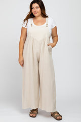 Beige Linen Maternity Plus Overalls