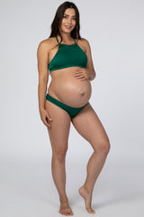 Green High Neck Ribbed Halter Maternity Bikini Set