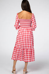 Red Gingham Puff Sleeve Dress