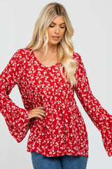 Red Floral Bell Sleeve Top