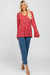 Red Floral Bell Sleeve Top