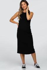 Black Ribbed Open Back Maternity Midi Dress