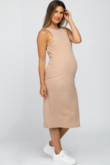 Beige Ribbed Open Back Maternity Midi Dress