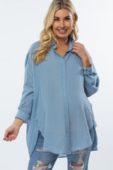 Blue Lightweight Sheer Button Down Maternity Blouse