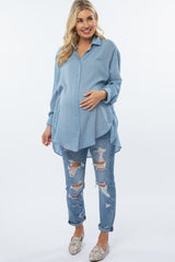 Blue Lightweight Sheer Button Down Maternity Blouse