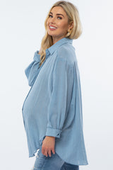 Blue Lightweight Sheer Button Down Maternity Blouse