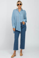 Blue Lightweight Sheer Button Down Blouse