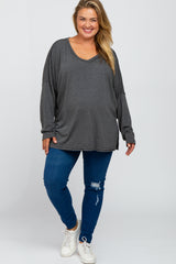 Charcoal Waffle Knit Long Sleeve Plus Maternity Top