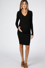 Black Ribbed Fitted Long Sleeve Maternity Dress