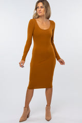 Rust Ribbed Fitted Midi Dress