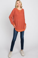 Rust Brushed Knit Rib Contrast Top