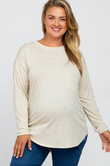 Beige Plaid Print Long Sleeve Maternity Plus Top