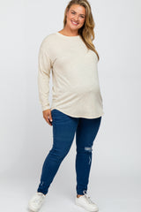 Beige Plaid Print Long Sleeve Maternity Plus Top