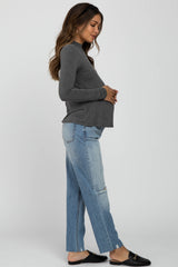 Blue Distressed Open Knee Raw Hem Maternity Jeans