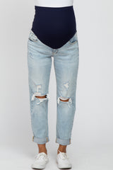 Light Blue Distressed Cuffed Hem Maternity Jeans