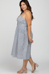 Navy Blue Striped Sweetheart Button Front Plus Dress