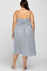 Navy Blue Striped Sweetheart Button Front Plus Dress