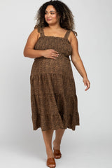 Brown Leopard Shoulder Tie Smocked Maternity Plus Midi Dress