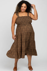 Brown Leopard Shoulder Tie Smocked Maternity Plus Midi Dress