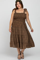 Brown Leopard Shoulder Tie Smocked Maternity Plus Midi Dress