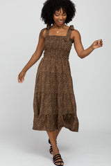 Brown Leopard Print Shoulder Tie Smocked Maternity Midi Dress