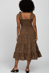 Brown Leopard Print Shoulder Tie Smocked Midi Dress