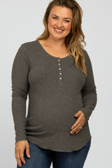 Charcoal Ribbed Button Front Long Sleeve Maternity Plus Top