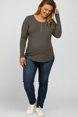 Charcoal Ribbed Button Front Long Sleeve Maternity Plus Top