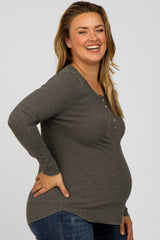 Charcoal Ribbed Button Front Long Sleeve Maternity Plus Top