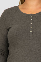 Charcoal Ribbed Button Front Long Sleeve Maternity Plus Top