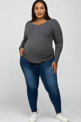 Charcoal Ribbed Button Front Long Sleeve Maternity Plus Top