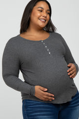 Charcoal Ribbed Button Front Long Sleeve Maternity Plus Top