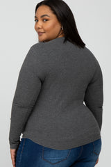 Charcoal Ribbed Button Front Long Sleeve Maternity Plus Top