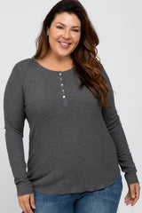 Charcoal Ribbed Button Front Long Sleeve Maternity Plus Top