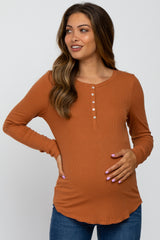 Orange Ribbed Button Front Long Sleeve Maternity Top