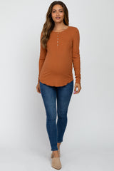 Orange Ribbed Button Front Long Sleeve Maternity Top