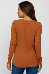 Orange Ribbed Button Front Long Sleeve Maternity Top