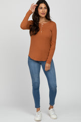 Orange Ribbed Button Front Long Sleeve Top