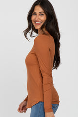 Orange Ribbed Button Front Long Sleeve Top