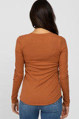 Orange Ribbed Button Front Long Sleeve Top