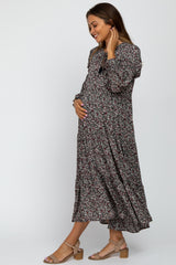 Black Floral Ruffle Tiered Tassel Tie Maternity Midi Dress