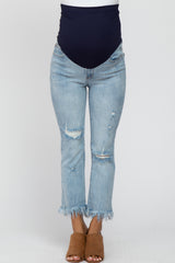 Light Blue Fringe Hem Distressed Cropped Maternity Jean